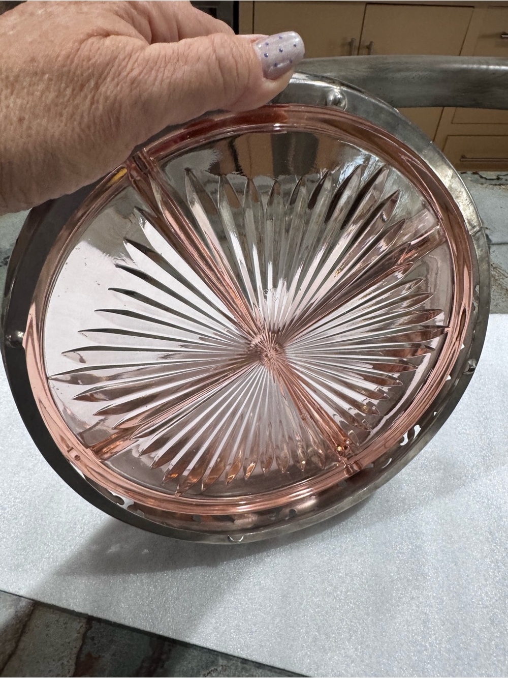Pink Depression Glass Serving Dish with Silver Rim